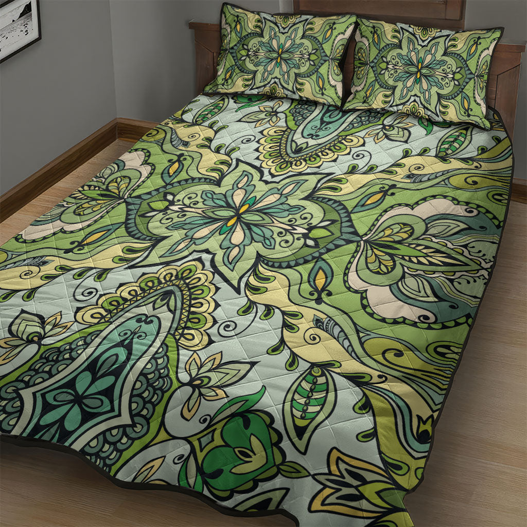 Indian Mandala Pattern Quilt Bed Set Green Geometric Floral Mandala