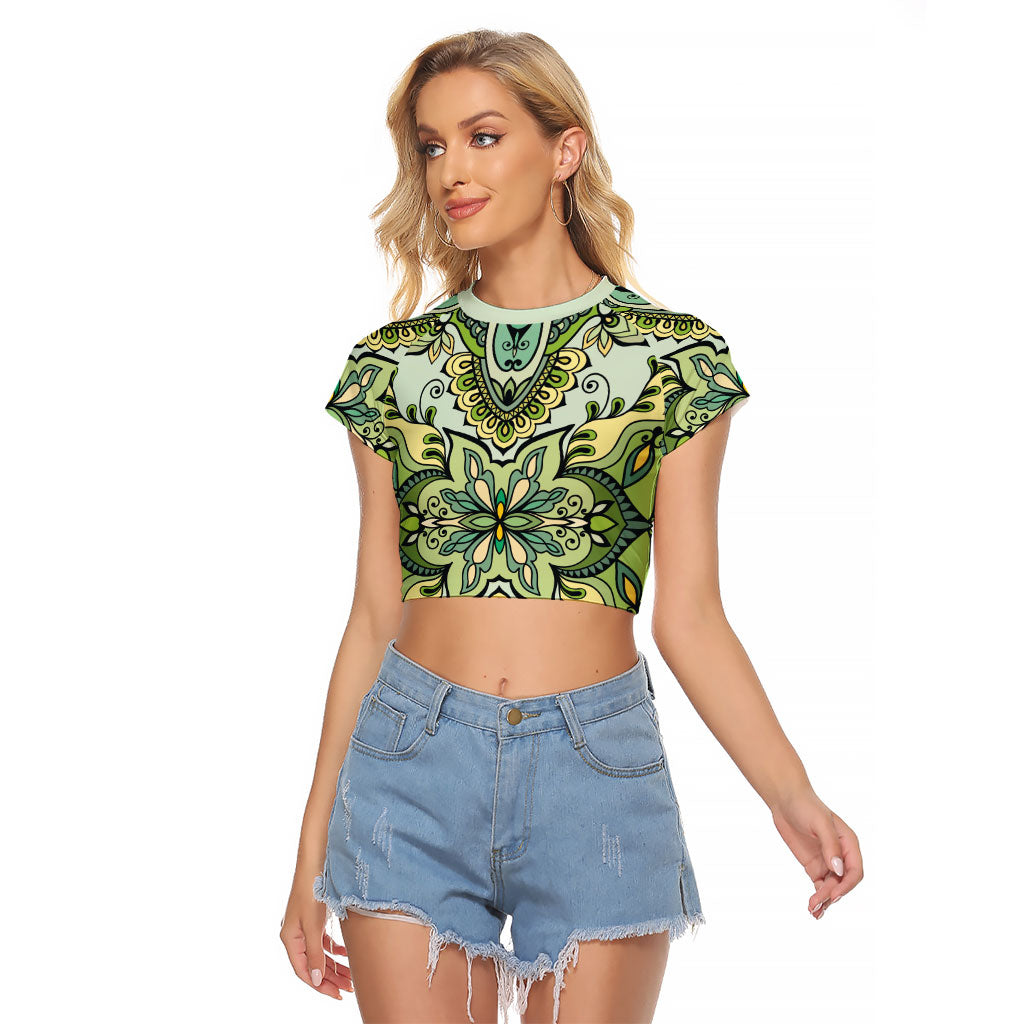 Indian Mandala Pattern Raglan Cropped T Shirt Green Geometric Floral Mandala