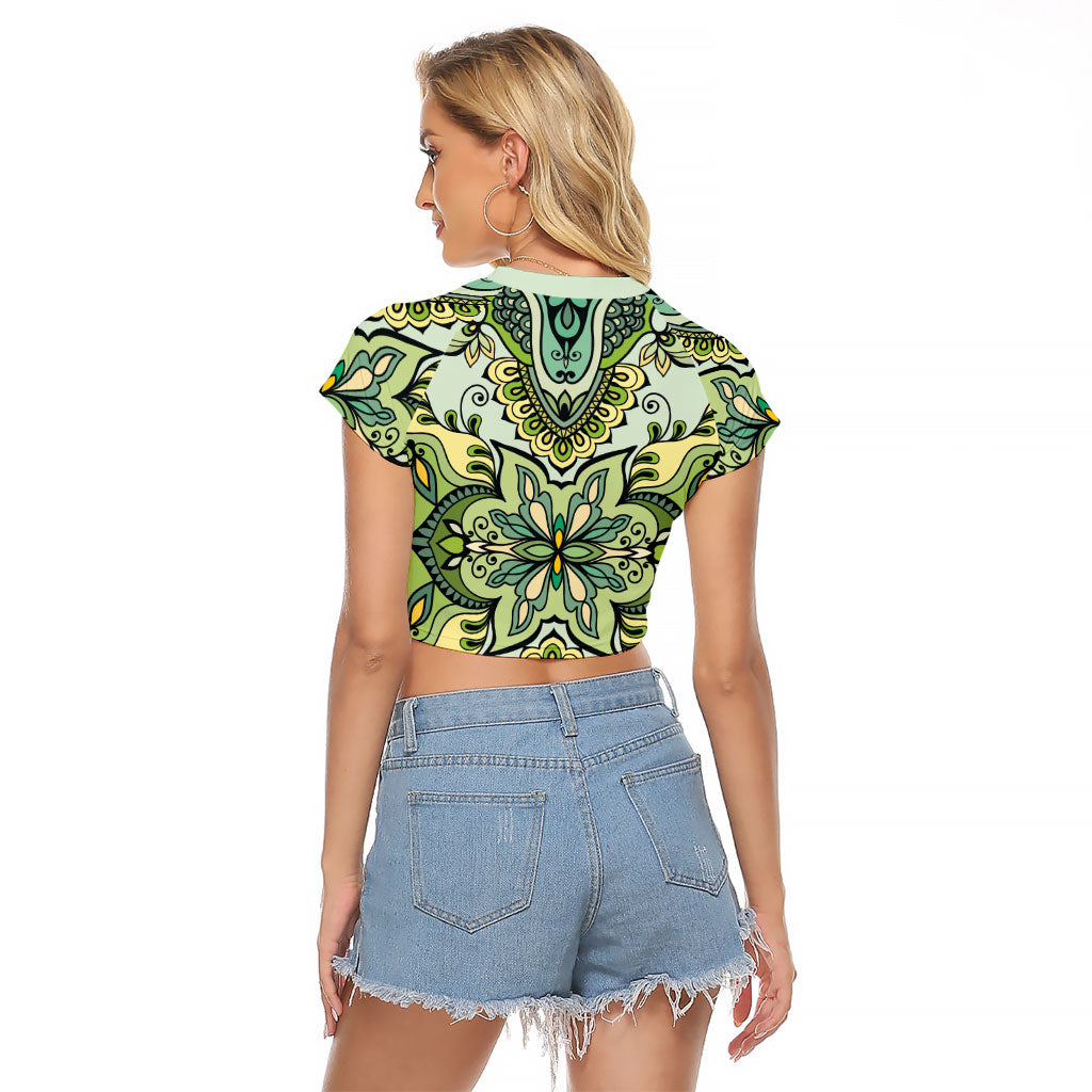 Indian Mandala Pattern Raglan Cropped T Shirt Green Geometric Floral Mandala