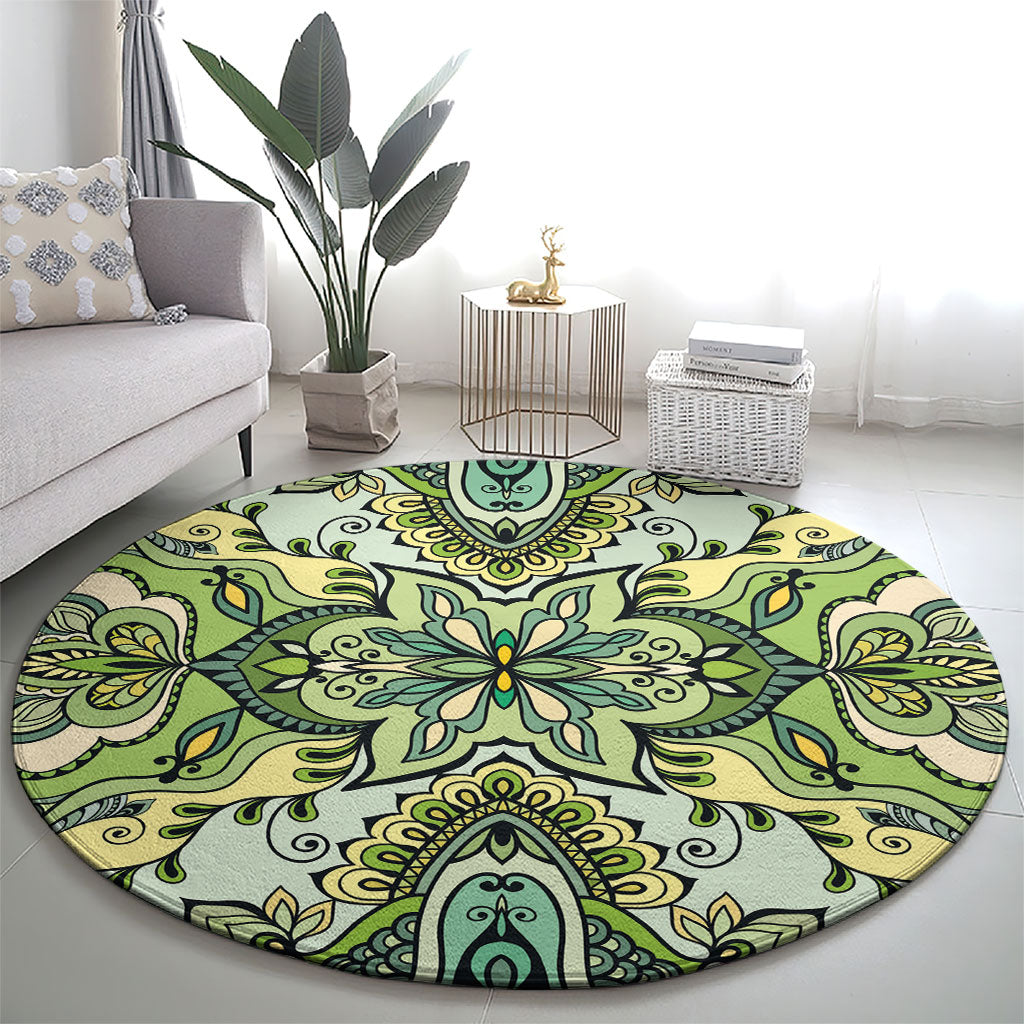 Indian Mandala Pattern Round Carpet Green Geometric Floral Mandala