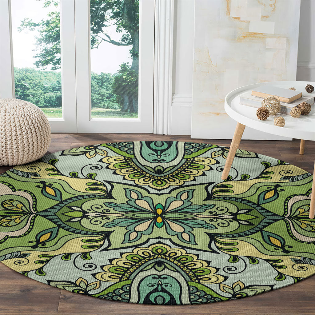 Indian Mandala Pattern Round Carpet Green Geometric Floral Mandala