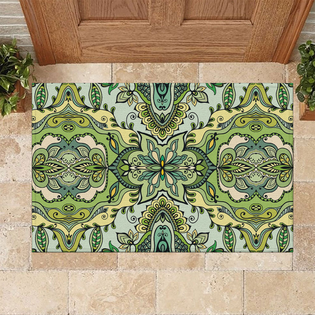 Indian Mandala Pattern Rubber Doormat Green Geometric Floral Mandala