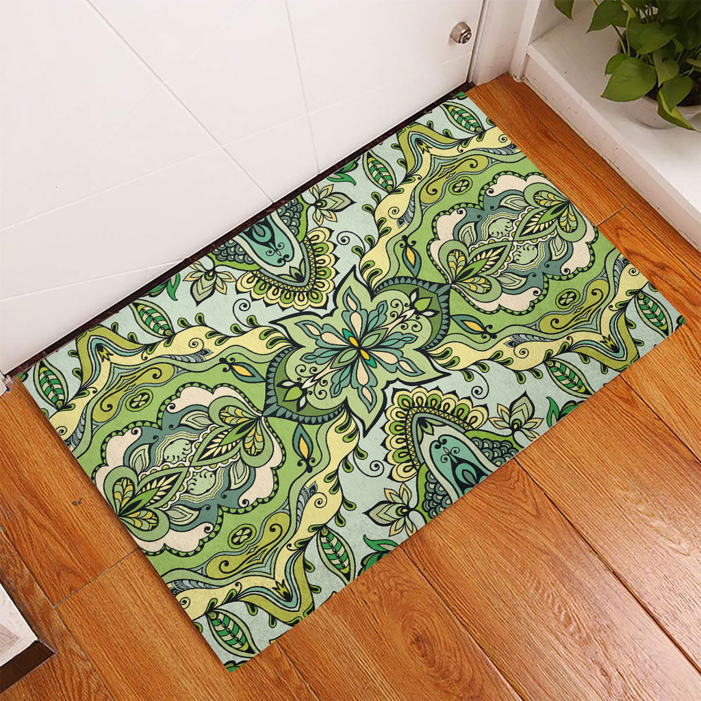 Indian Mandala Pattern Rubber Doormat Green Geometric Floral Mandala