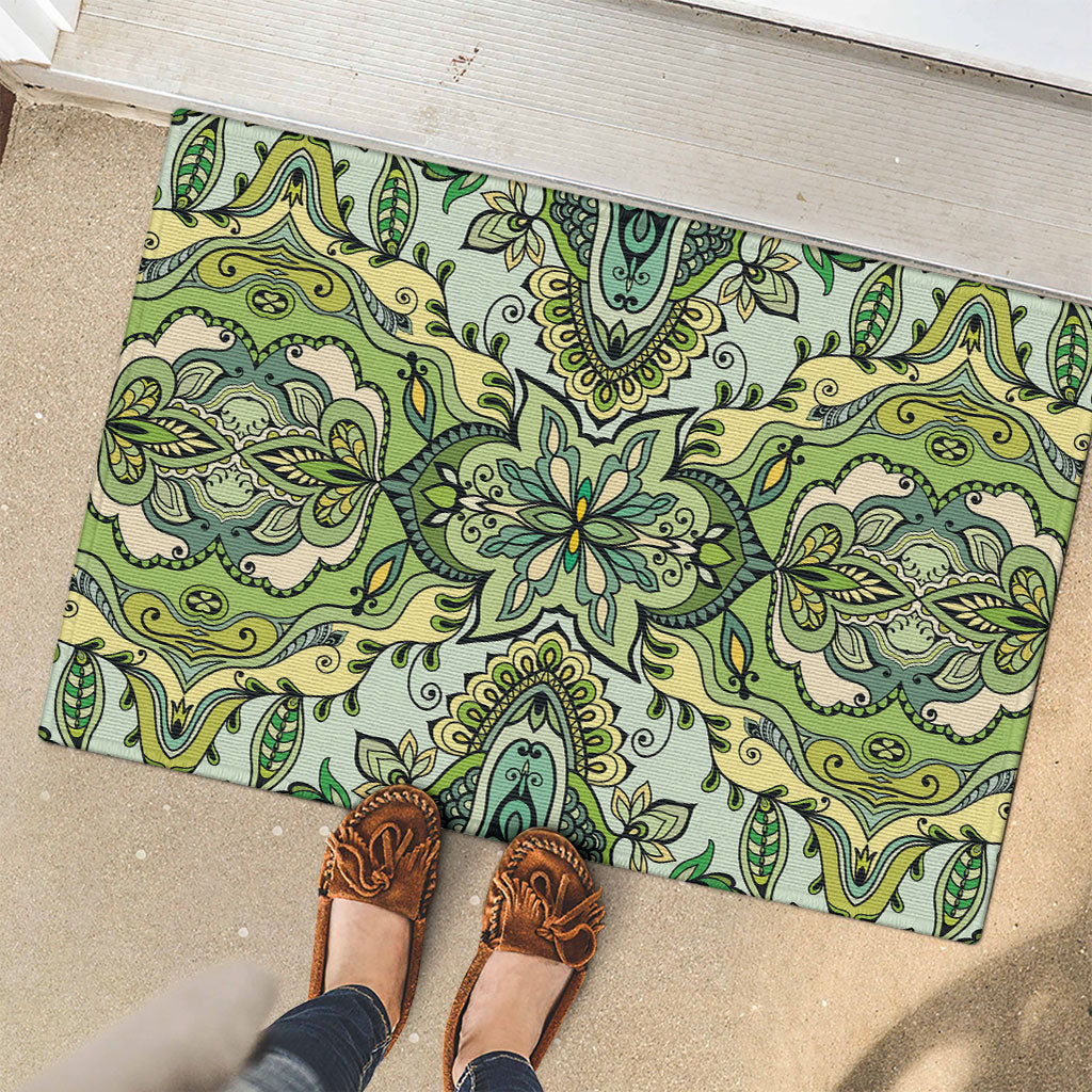 Indian Mandala Pattern Rubber Doormat Green Geometric Floral Mandala