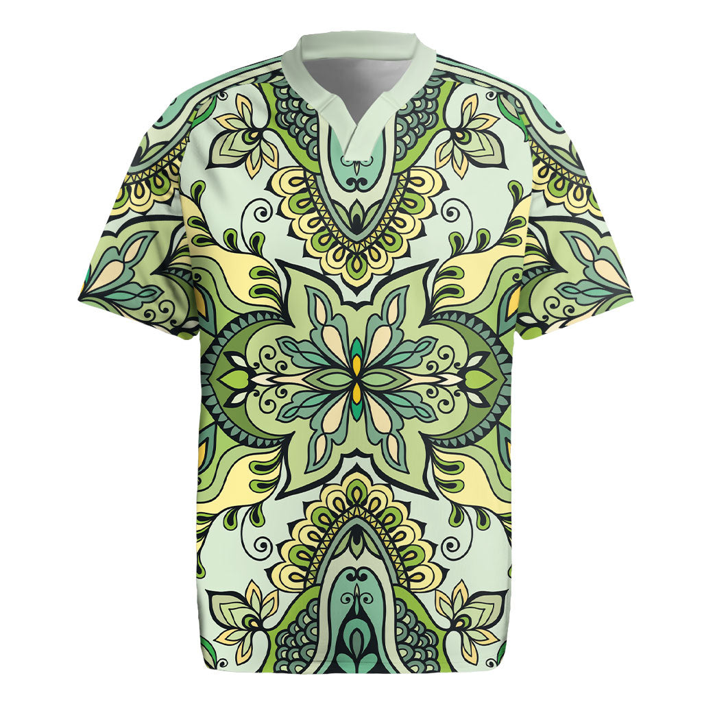 Indian Mandala Pattern Rugby Jersey Green Geometric Floral Mandala