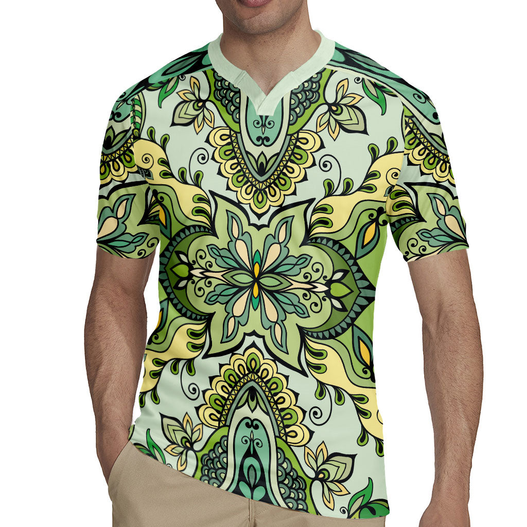 Indian Mandala Pattern Rugby Jersey Green Geometric Floral Mandala