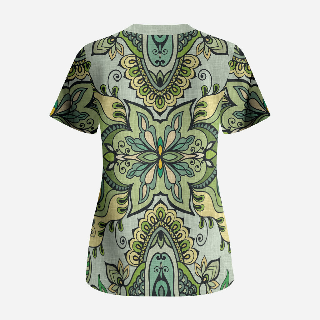 Indian Mandala Pattern Scrub Top Green Geometric Floral Mandala
