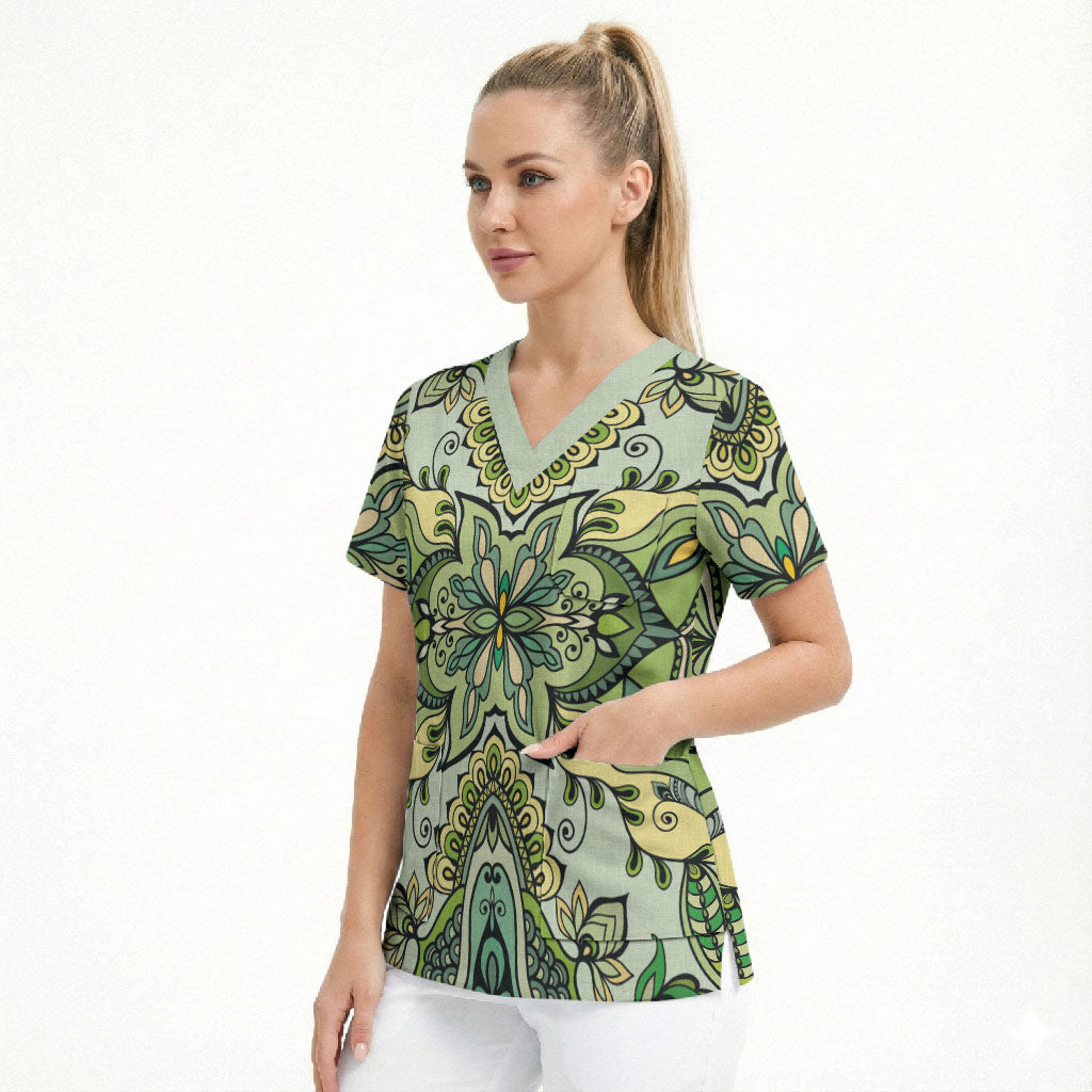 Indian Mandala Pattern Scrub Top Green Geometric Floral Mandala