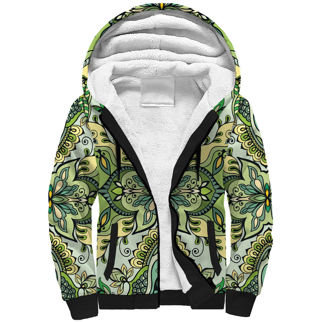 Indian Mandala Pattern Sherpa Hoodie Green Geometric Floral Mandala