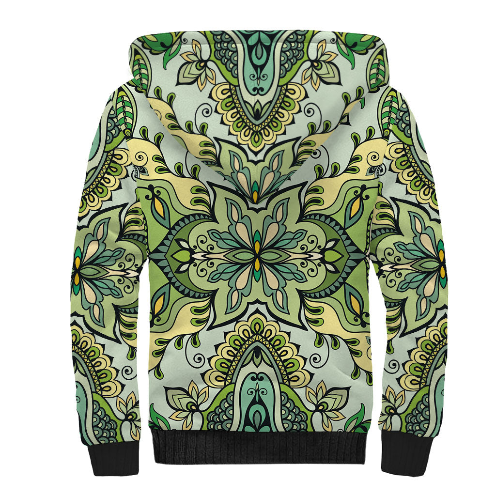 Indian Mandala Pattern Sherpa Hoodie Green Geometric Floral Mandala