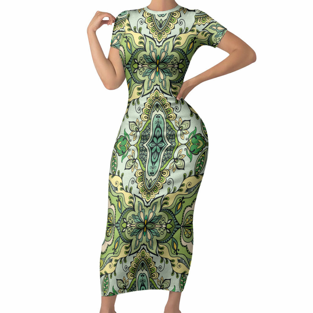 Indian Mandala Pattern Short Sleeve Bodycon Dress Green Geometric Floral Mandala