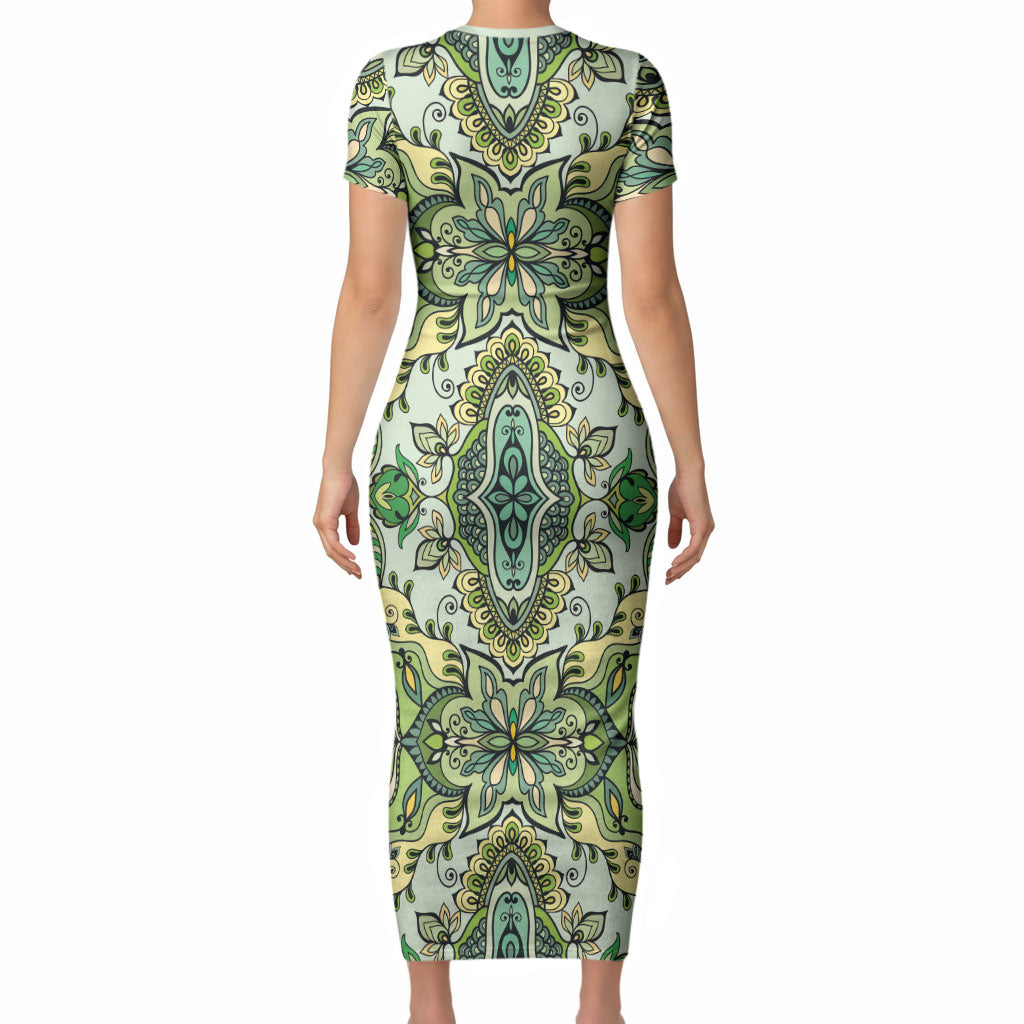 Indian Mandala Pattern Short Sleeve Bodycon Dress Green Geometric Floral Mandala