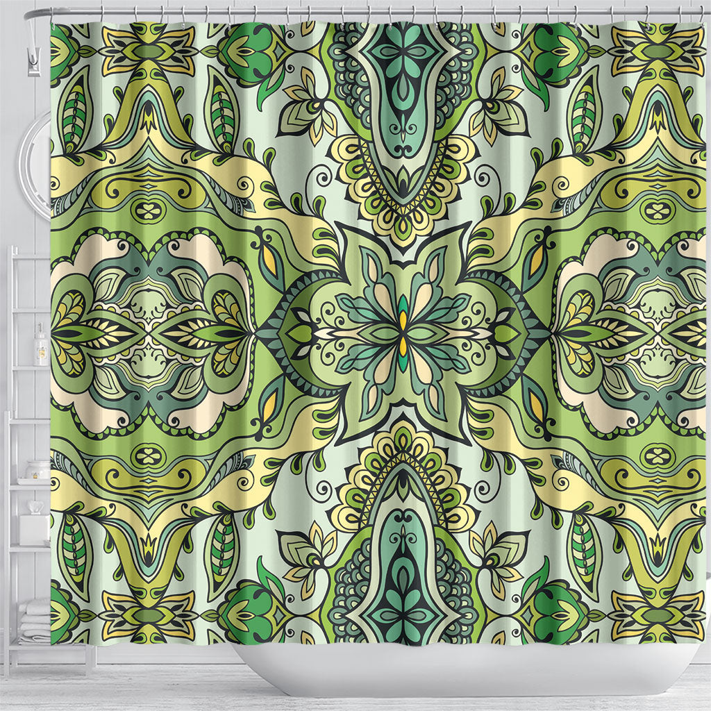 Indian Mandala Pattern Shower Curtain Green Geometric Floral Mandala