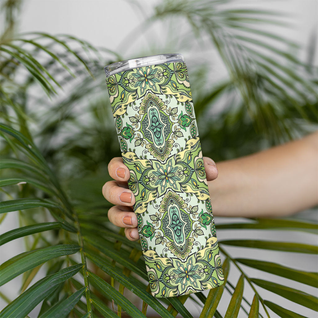 Indian Mandala Pattern Skinny Tumbler Green Geometric Floral Mandala