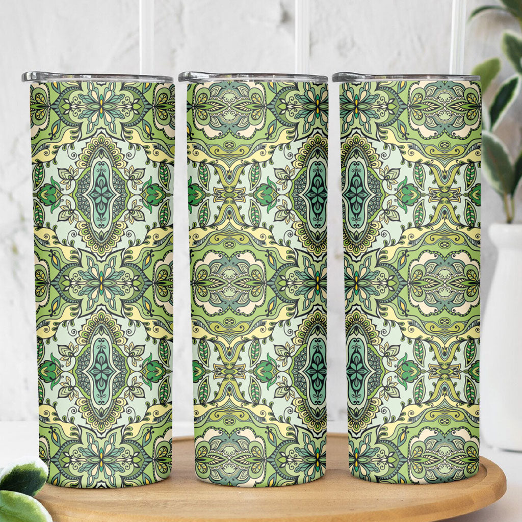 Indian Mandala Pattern Skinny Tumbler Green Geometric Floral Mandala