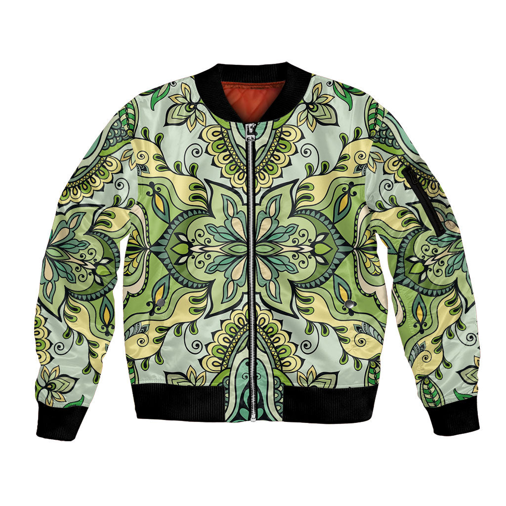 Indian Mandala Pattern Sleeve Zip Bomber Jacket Green Geometric Floral Mandala