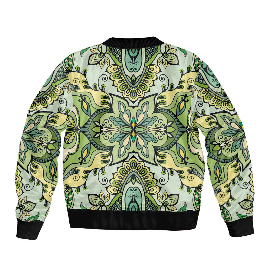 Indian Mandala Pattern Sleeve Zip Bomber Jacket Green Geometric Floral Mandala