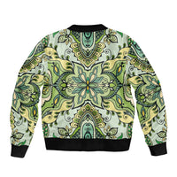 Indian Mandala Pattern Sleeve Zip Bomber Jacket Green Geometric Floral Mandala