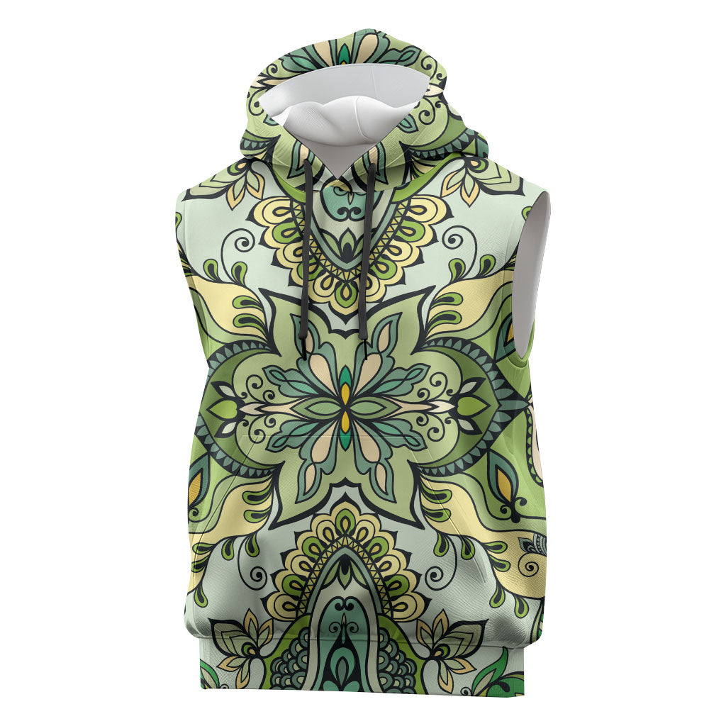 Indian Mandala Pattern Sleeveless Hoodie Green Geometric Floral Mandala