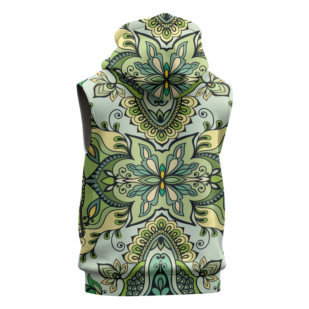 Indian Mandala Pattern Sleeveless Hoodie Green Geometric Floral Mandala