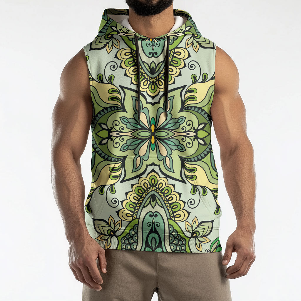 Indian Mandala Pattern Sleeveless Hoodie Green Geometric Floral Mandala