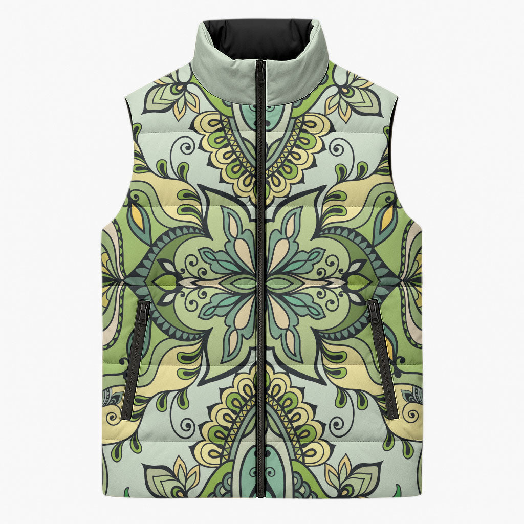 Indian Mandala Pattern Sleeveless Puffer Jacket Green Geometric Floral Mandala