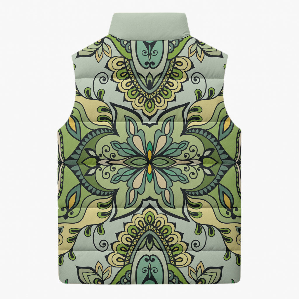 Indian Mandala Pattern Sleeveless Puffer Jacket Green Geometric Floral Mandala