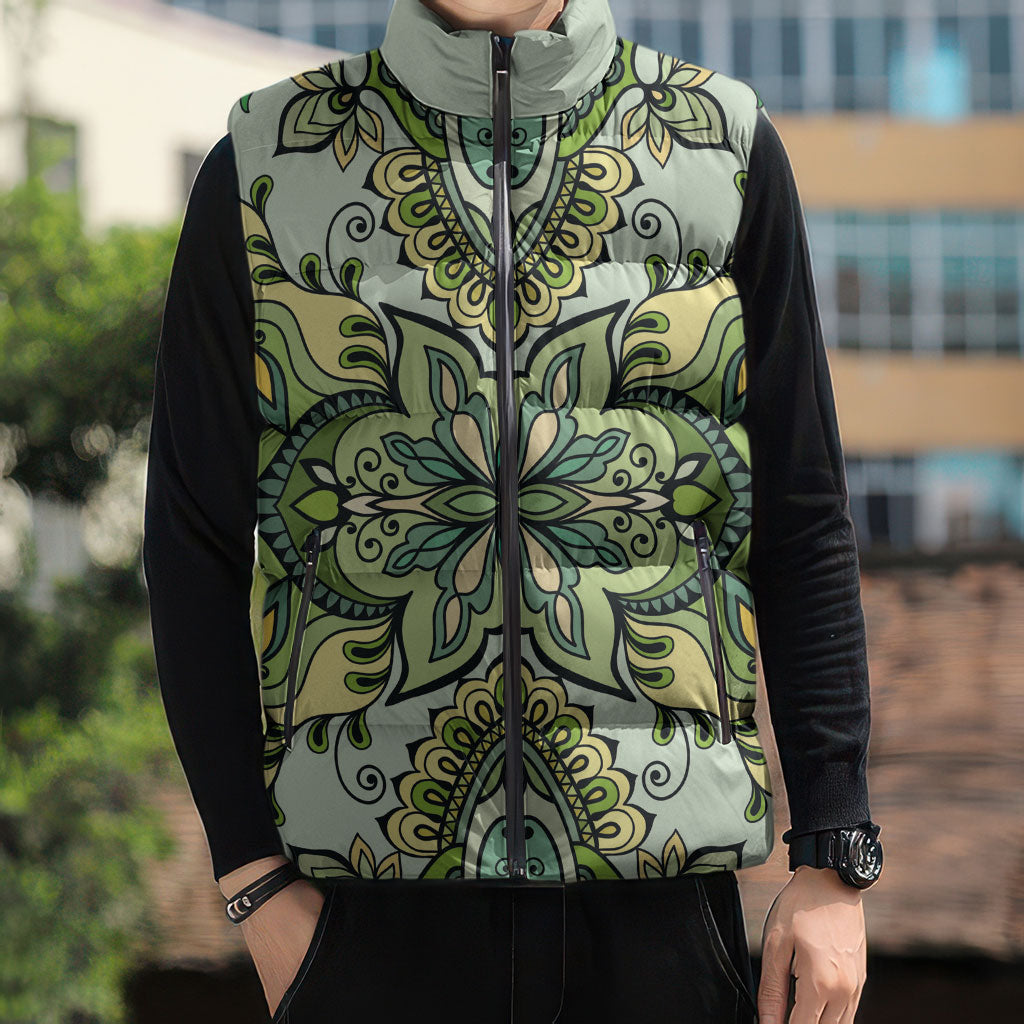 Indian Mandala Pattern Sleeveless Puffer Jacket Green Geometric Floral Mandala