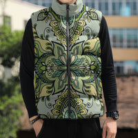 Indian Mandala Pattern Sleeveless Puffer Jacket Green Geometric Floral Mandala