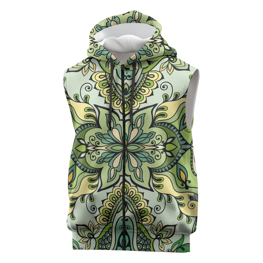 Indian Mandala Pattern Sleeveless Zip Hoodie Green Geometric Floral Mandala