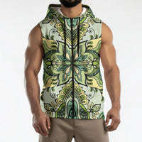 Indian Mandala Pattern Sleeveless Zip Hoodie Green Geometric Floral Mandala