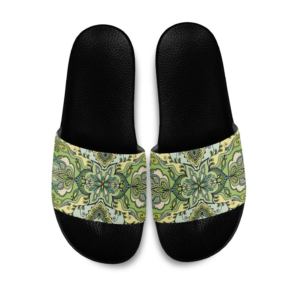 Indian Mandala Pattern Slide Sandals Green Geometric Floral Mandala