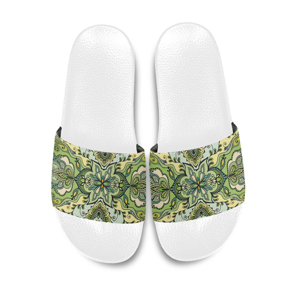 Indian Mandala Pattern Slide Sandals Green Geometric Floral Mandala