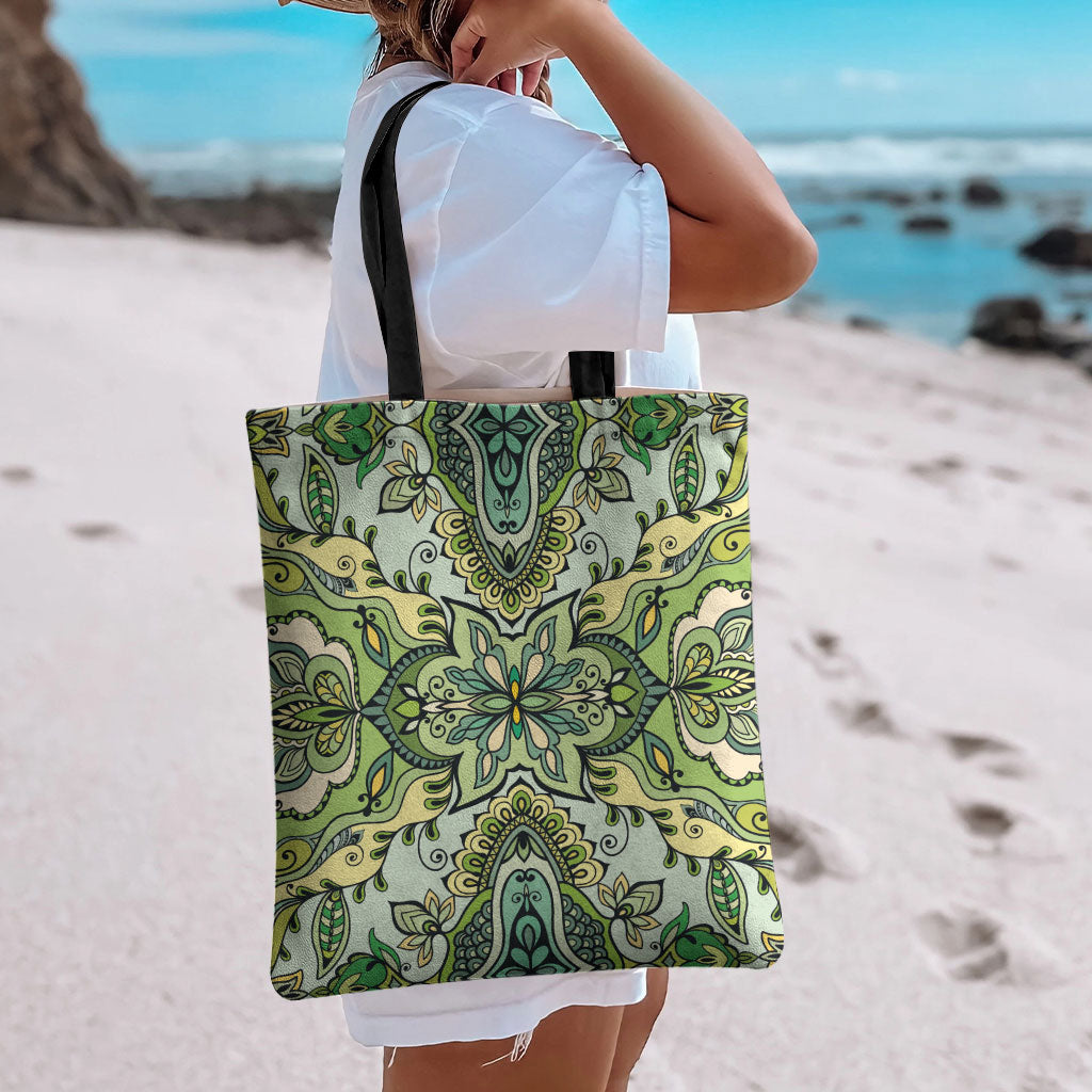 Indian Mandala Pattern Tote Bag Green Geometric Floral Mandala