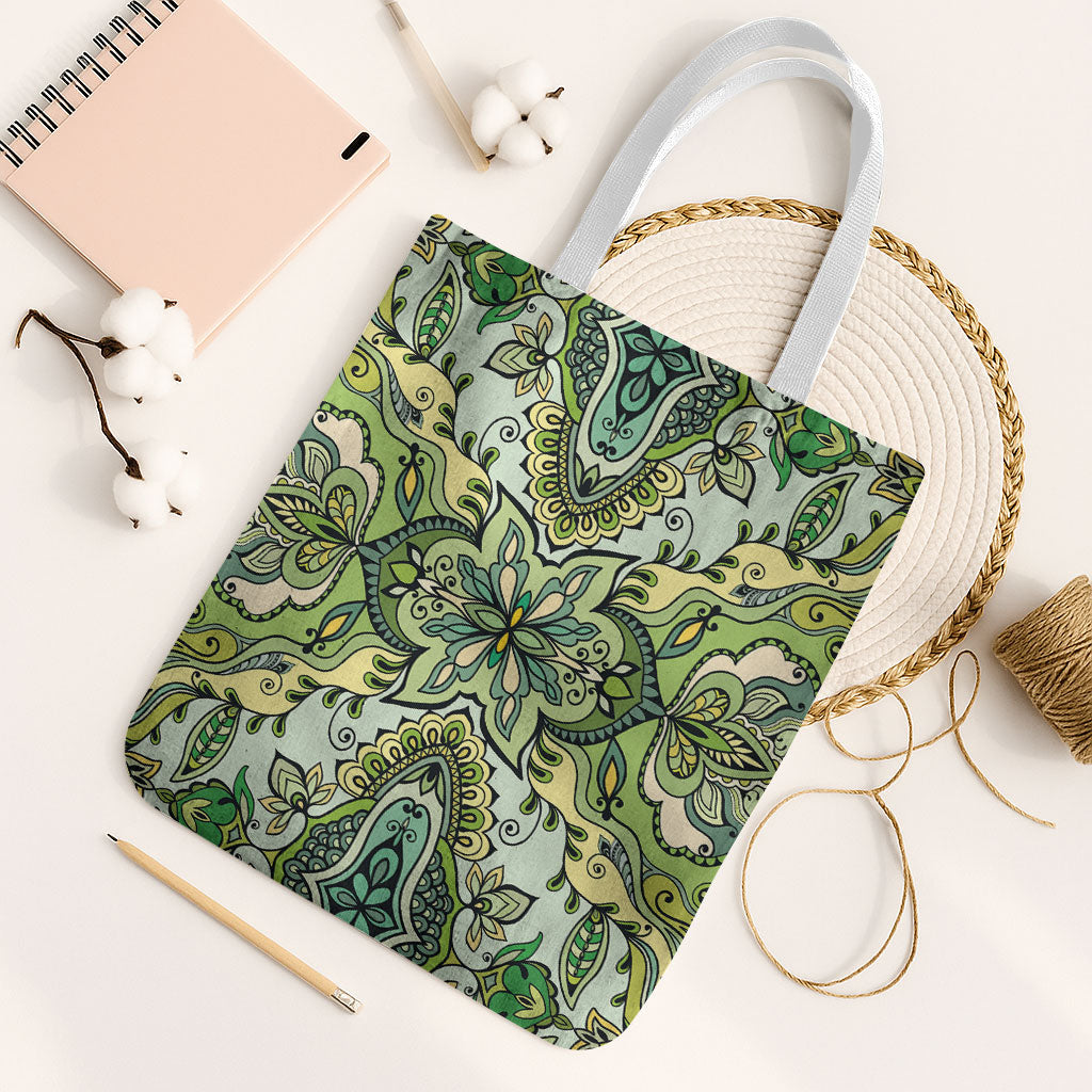 Indian Mandala Pattern Tote Bag Green Geometric Floral Mandala