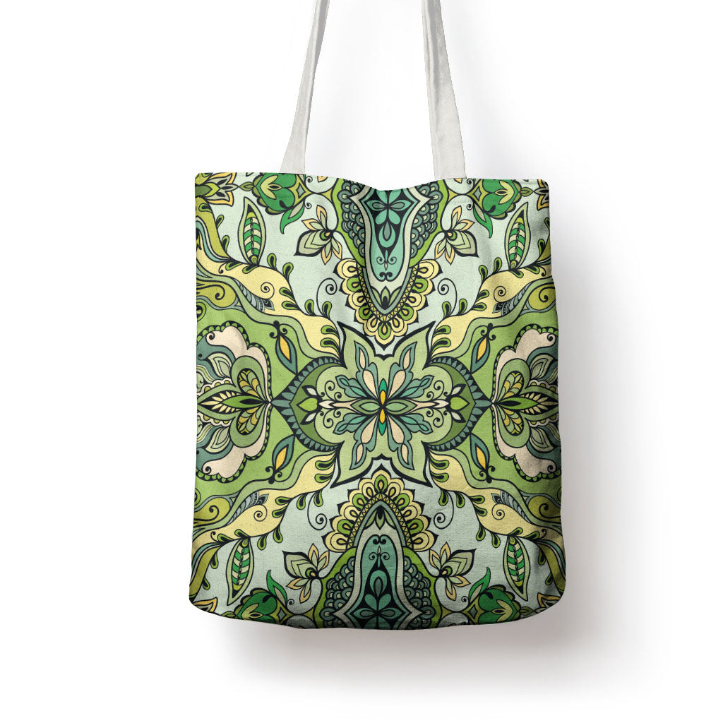 Indian Mandala Pattern Tote Bag Green Geometric Floral Mandala