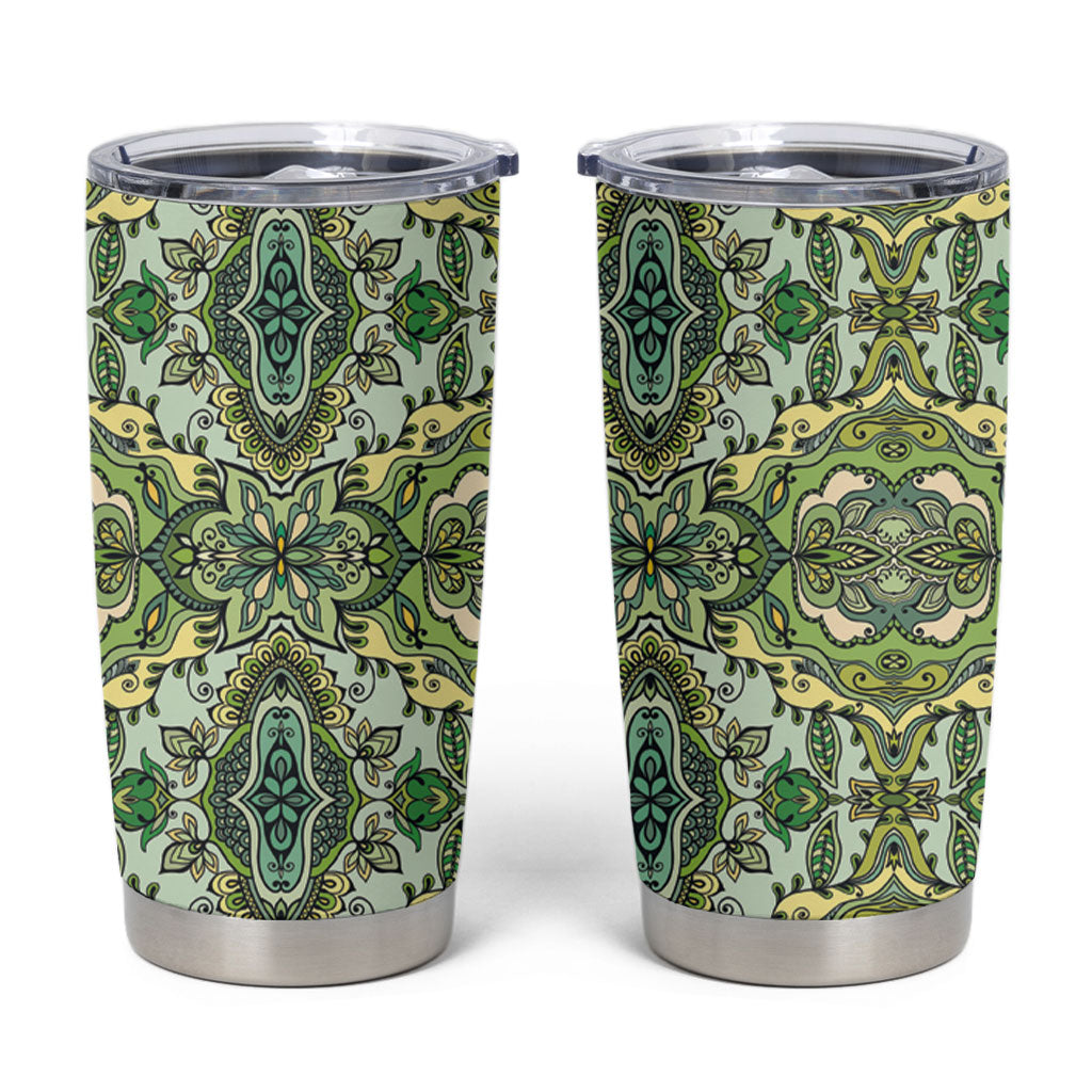 Indian Mandala Pattern Tumbler Cup Green Geometric Floral Mandala