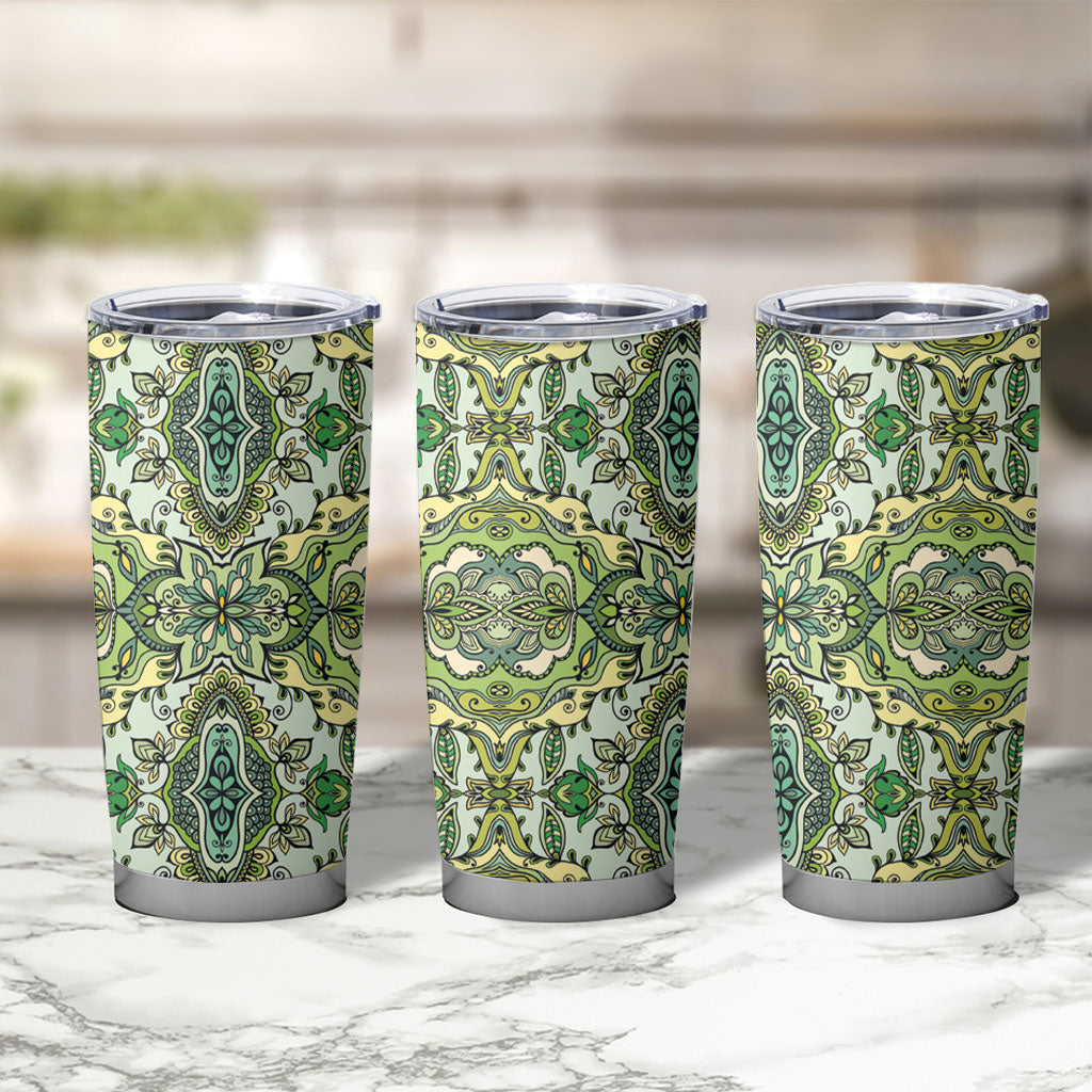 Indian Mandala Pattern Tumbler Cup Green Geometric Floral Mandala