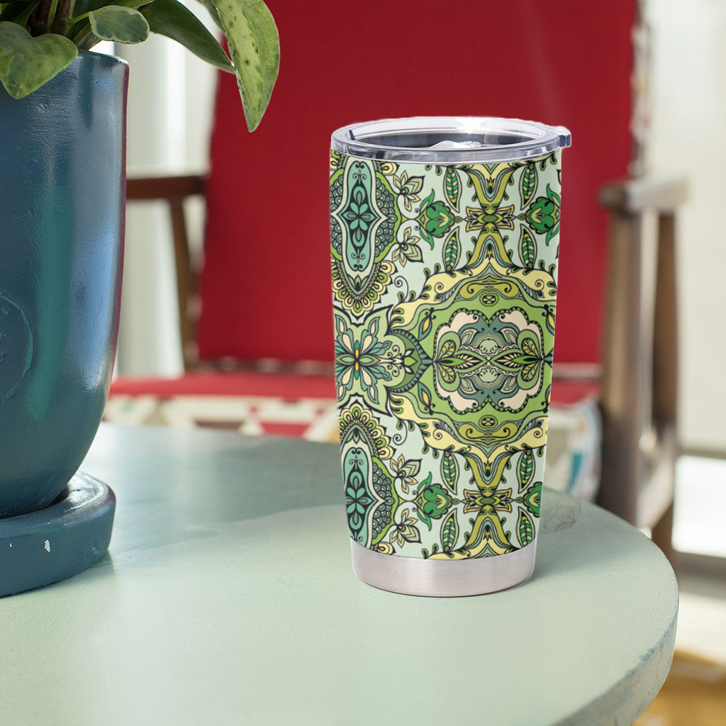 Indian Mandala Pattern Tumbler Cup Green Geometric Floral Mandala