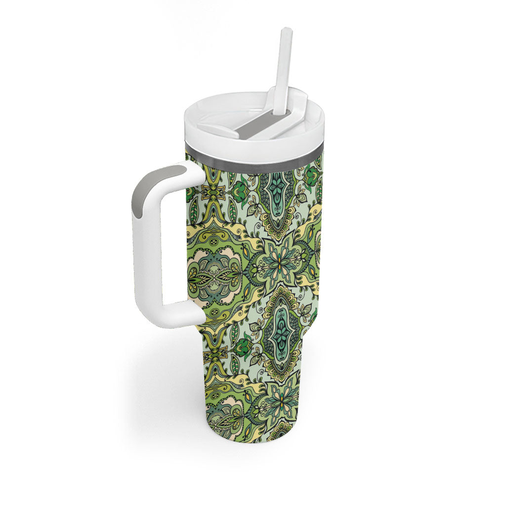 Indian Mandala Pattern Tumbler With Handle Green Geometric Floral Mandala
