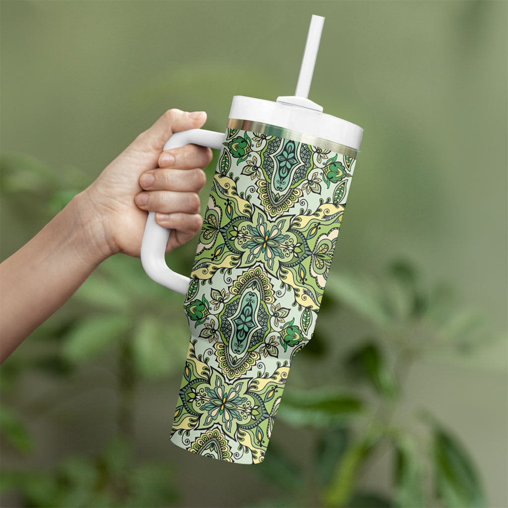 Indian Mandala Pattern Tumbler With Handle Green Geometric Floral Mandala