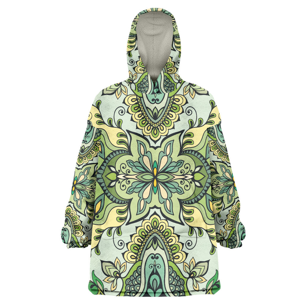 Indian Mandala Pattern Wearable Blanket Hoodie Green Geometric Floral Mandala