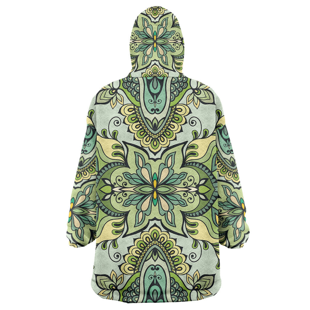 Indian Mandala Pattern Wearable Blanket Hoodie Green Geometric Floral Mandala