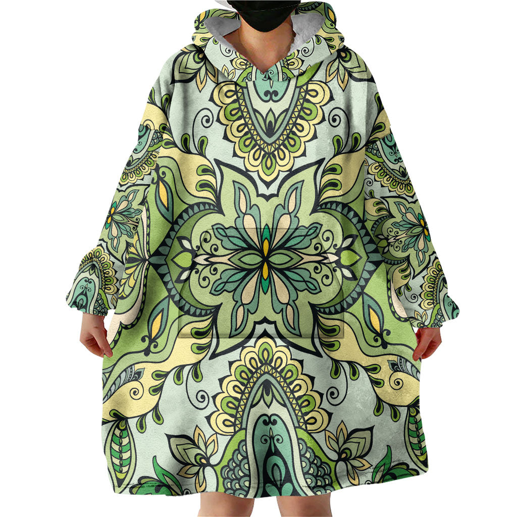 Indian Mandala Pattern Wearable Blanket Hoodie Green Geometric Floral Mandala