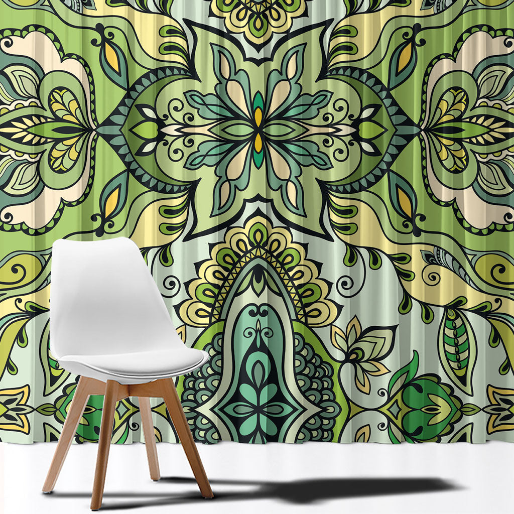 Indian Mandala Pattern Window Curtain Green Geometric Floral Mandala