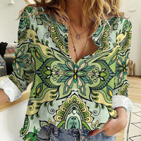 Indian Mandala Pattern Women Casual Shirt Green Geometric Floral Mandala