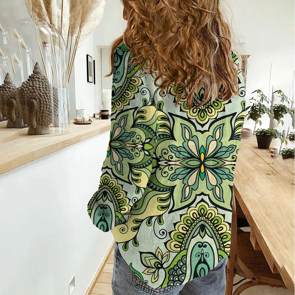Indian Mandala Pattern Women Casual Shirt Green Geometric Floral Mandala