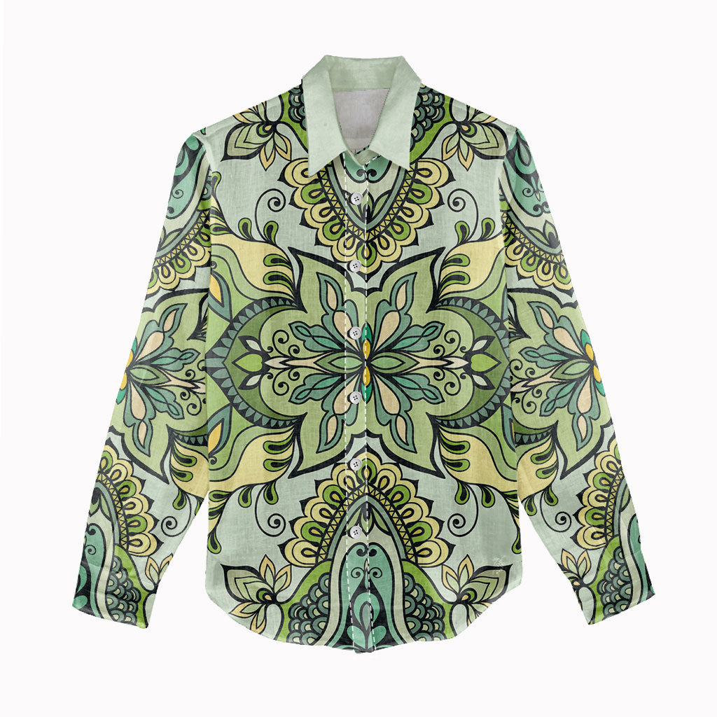 Indian Mandala Pattern Women Casual Shirt Green Geometric Floral Mandala