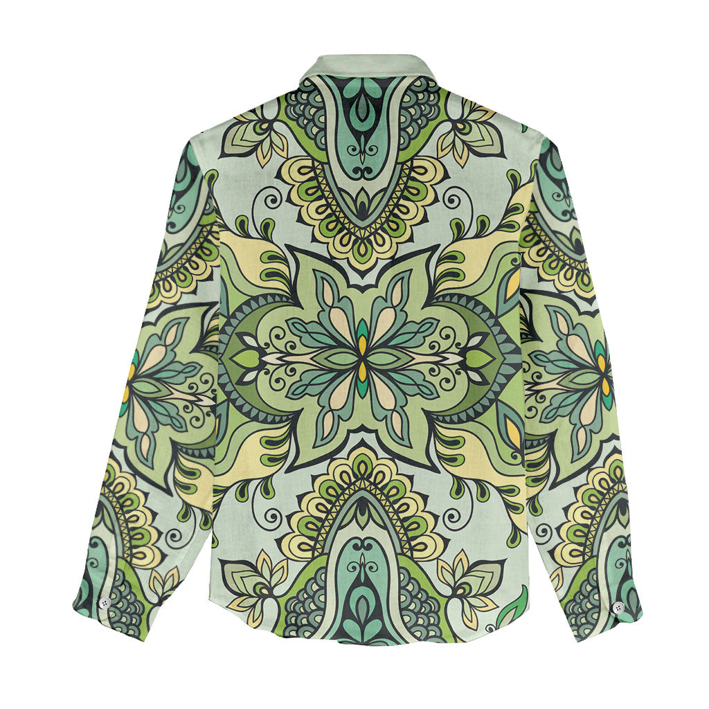 Indian Mandala Pattern Women Casual Shirt Green Geometric Floral Mandala