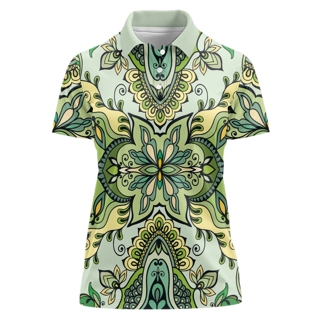 Indian Mandala Pattern Women Polo Shirt Green Geometric Floral Mandala